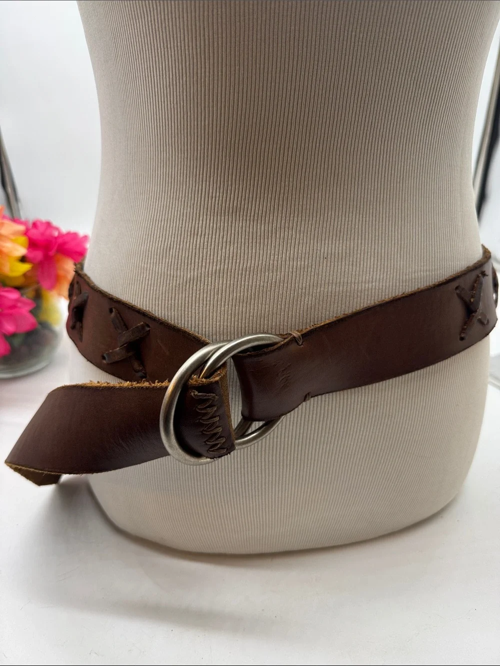 Buckle Brown Leather Double-Ring Belt Cinch Waist XL